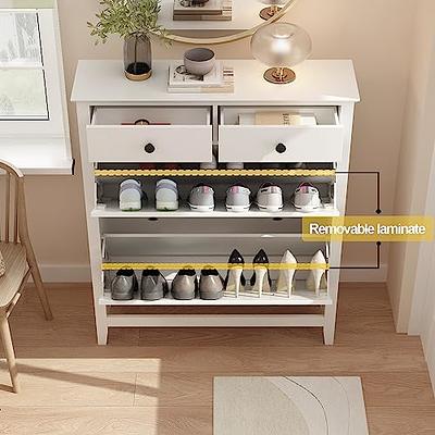 Shoe Cabinet for Entryway,White Narrow Shoe Organizer Storage Cabinet Flip  Down Shoe Rack Wood,3 Tier 2 Drawers Shoe Organizer for Home and Apartment