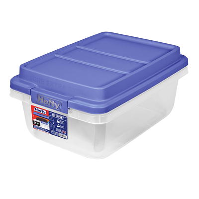 Hefty 72 qt. Clear Plastic Storage Bin with Blue Hi-Rise Lid, 6 Pack