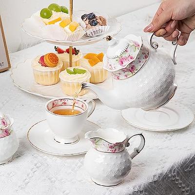 Sweejar 21 Piece Porcelain Tea Set, Vintage British Floral Relief Gold  Rimmed Teapot Cup and Saucer