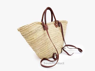 Straw Bag Natural French Basket Handle Leather