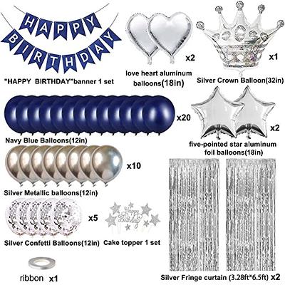 Navy Blue Silver Happy Birthday Party Decorations Set for Men Boys Women  Girls, Banner, Crown Balloon