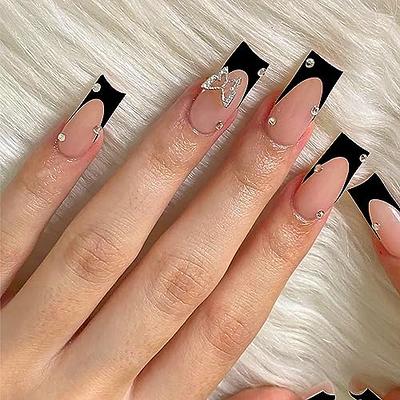 French Tip Press on Nails Long Square Fake Nails Butterfly Rhinestone Nail  Charms Full Cover Coffin