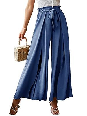 Simplee Women's Casual Side Split Wide Leg Pants High Waist Beach Flowy  Pants Comfy Lounge Loose Belted (Small Blue) - Yahoo Shopping
