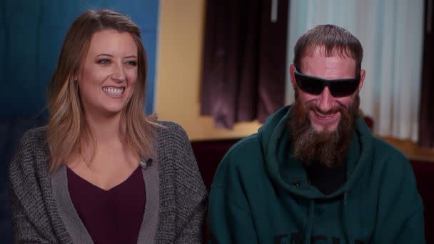 PHOTO: Kate McClure and Johnny Bobbitt reunite for the first time on TV after Bobbitt helped McClure when her car broke down two months ago on I-95 exit ramp in Philadelphia. (ABC News)