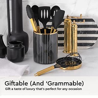 Black and Gold Kitchen Utensils Set 6PC Black Silicone Utensils Set  Includes: Gold Tongs, Gold Whisk, Gold Serving Spoon, Gold Spatula &  Turner-Black and Gold Kitchen Accessories & Gold Kitchen Decor 