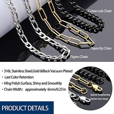 9 mm Figaro Chain Link Necklace for Men Boys Heavy 316L Gold Plated Stainless Steel Gold Color 24 inch, Men's