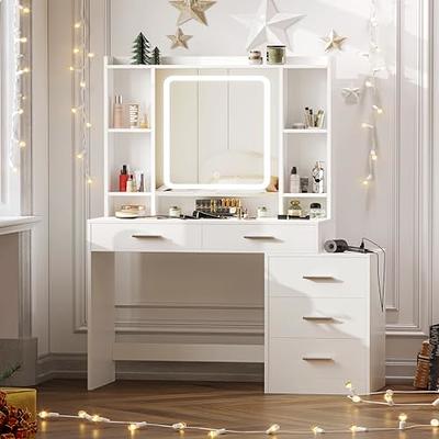 Rovaurx Makeup Vanity Table with Lighted Mirror, Makeup Vanity Desk with Storage Shelf and 4 Drawers, Bedroom Dressing Table, 10 LED Lights, White