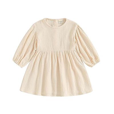 Gaono Toddler Baby Girl Cotton Linen Dress Long Sleeve Solid Color