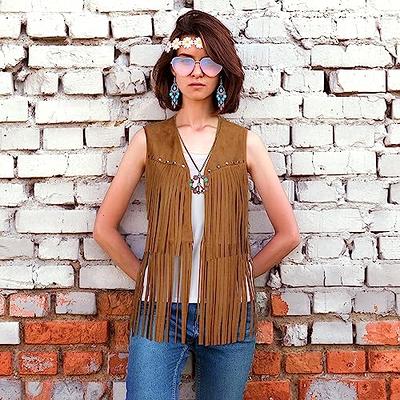 Berlune 7 Pcs 60s 70s Outfits for Women Hippie Costume Accessories Faux  Suede Tassels Fringe Vest and Boot Covers Sunglasses Peace Sign Earrings  Necklaces Headband and White Vest for Halloween Cosplay 