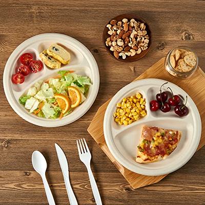 100% Compostable 9 Inch Heavy-Duty Plates 3 Compartment Eco-Friendly  Disposable Sugarcane Paper Plates