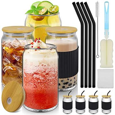 Glass Cups with Bamboo Lids and Glass Straw, Beer Can Shaped Drinking  Glasses, Iced Coffee Glasses Ideal for Whiskey, Soda, Tea, Water, Gift (4  Pack