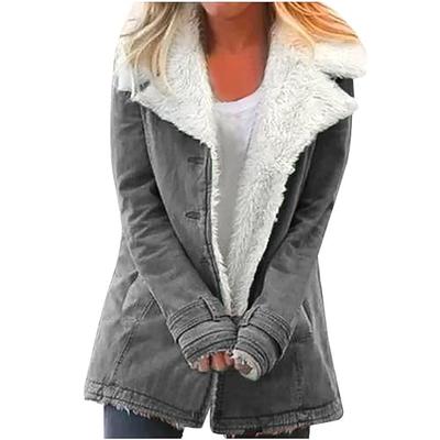 skpabo Winter Jackets for Women Lapel Sherpa Fleece Lined Jackets Fashion  Print Lining Jackets Cosy Soft Plush Coat Ladies Casual Plus Size Button