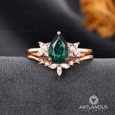 Pear Shaped Lab Emerald Engagement Ring