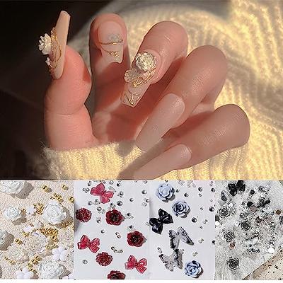 White Camellia Flowers Gold Nail Beads Rhinestones Nail Art Decoration  Manicure