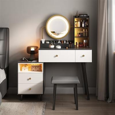 Vanity Desk with Mirror and Lights,Makeup Table with 5 Drawers and  Shelves,Makeup Vanity with Lights and Charging Station,Black