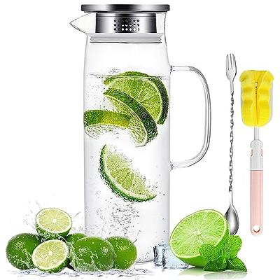 Bokon 2 Pcs Glass Pitcher with Bamboo Lid and Spout Glass Water Pitcher  Wide Mouth Iced Tea Pitcher for Fridge, Beverage Pitchers, Juice Lemonade