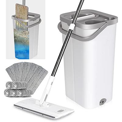 Floor Spin Mop and Bucket Set with Wringer System Extended Stainless Steel Handle 61for Home Floor Cleaning Use with 5 Replacement Head Refill and 1