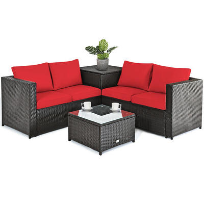 Costway 3pcs Patio Wicker Furniture Set Storage Table W/Protect Cover - Red
