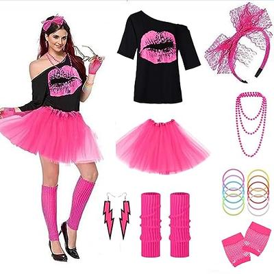 DreamJ 80s Outfit for Women Party 80s Costume Accessories Set With T-shirt  Tutu Skirt Halloween Party Cosplay 80s Outfits (Pink, M) - Yahoo Shopping