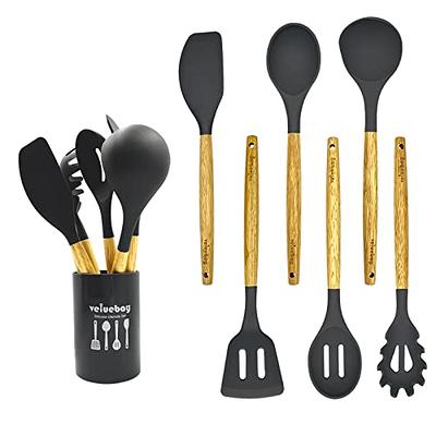 12-Piece Silicone Kitchen Cooking Utensils Set with Holder, Wooden Handle Utensils for Cooking, Kitchen Tools Include Spatula Turner Spoons Soup Ladle