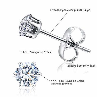 5 Pack Flat Back Earrings Round Clear Cubic Zirconia Stud Earrings for  Women Stainless Steel Hypoallergenic Earrings Cubic Zirconia 316L Round CZ