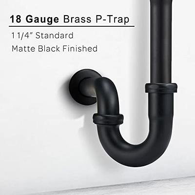 18 Gauge Solid Brass P-Trap 1 1/4” OD, Heavy Duty Brass Tubular J Bend Pipe  Connector, Decorative Bathroom Basin Sink Waste Trap Drain Kit with Flange