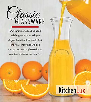 Set of 4 Glass Carafe Clear, 1 Liter Water Pitcher Beverage Serveware Carafe,  Clear Glass Pitcher for Mimosa Bar, Cold Water, Brunch, Wine, Juice, Milk,  Iced Tea, Lemonade,1 Hand Pour Lid