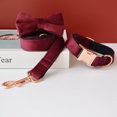 Burgundy Velvet Personalized Cat Collar With Dark Red Bow Tie 