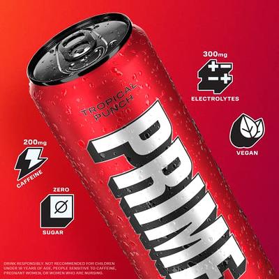 PRIME Energy TROPICAL PUNCH, Zero Sugar Energy Drink, Preworkout Energy, 200mg  Caffeine with 300mg of Electrolytes and Coconut Water for Hydration, Vegan, Gluten Free, 12 Fluid Ounce