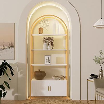 IDEALHOUSE Bookshelf 5 Tier Bookcase Arched Display Racks Tall Standing  Bookshelves Metal Frame Modern Storage Rack Shelf Large Wood Book Shelf for