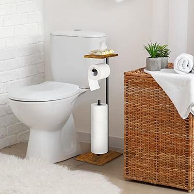 Freestanding Black Toilet Paper Holder Stand with Wood Base and Shelf 