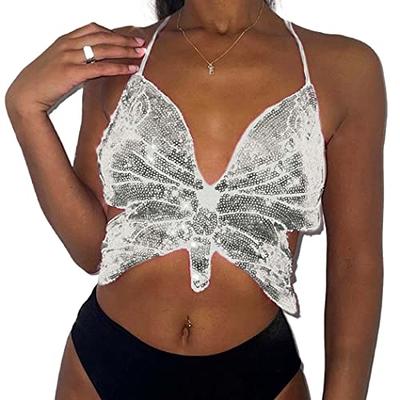 REETAN Sequins Bra Tops Butterfly Crop Top Party Belly Dance Tops Fashion  Rave Costume for Women