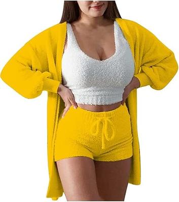 Womens Sexy 3 Piece Outfits Fuzzy Fleece Open Front Hooded