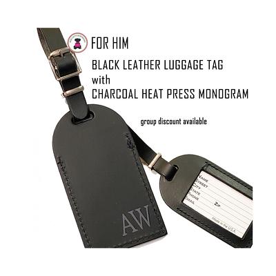 For Him - Personalized Black Leather Luggage Tag With Charcoal