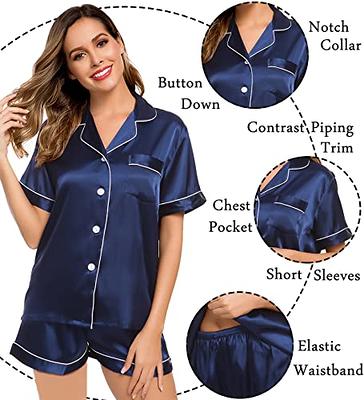 Womens Silk Satin Pajamas Set 2 Piece Button Down Sleepwear Loungewear  Pajamas for Women Soft Comfy Short Sleeve Loungewear Two-Piece Pj Set