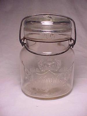 Floral Glass Jar With Bale Lid, Vintage Jar, Glass Jar, Mason Jar, Fruit Jar  