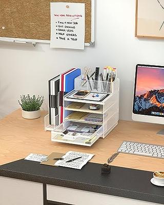 VIVSOL Desk Organizer with Mesh File Holder, 4-Tier Office Supplies Desk  Accessories with Sliding Drawers & Pen Holder, Desk File Storage for Office,  School, Home, White - Yahoo Shopping