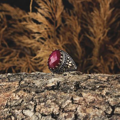 Natural Ruby Stone Ring , Man Handmade Silver Ring , Red Stone Ring, Engraved Silver Ring , Ottoman Style Ring , 925k Sterling Silver Ring