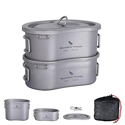 Boundless Voyage Outdoor Titanium Pot with Pan Set with Collapsible Folding  Handle for Outdoor Camping Cooking Hiking Backpacking Portable Cookware