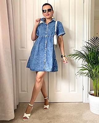 GRAPENT Denim Dress for Women Summer Button Down Belted Short