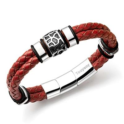 Red Leather Bracelet for Men Double Row Leather Braided Stainless Steel  Bracelet Jewelry Accessories Men Gift Husband Dad (Red-Large-9.0In.) -  Yahoo Shopping