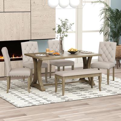 6-Piece Farmhouse Style Dining Table Set with 4 Chairs, Rectangular Table  with Long Bench and 4 Dining Chairs, Rustic Farmhouse Solid Wood Dining  Room Set for Small Places