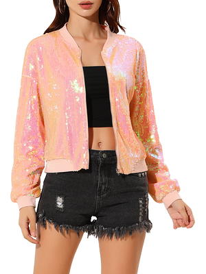 Unique Bargains Women's Halloween Costume Sparkle Sequin Zipper Bomber  Jacket S Purple