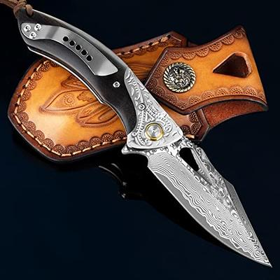 Handmade Damascus Pocket Knife with Leather Sheath