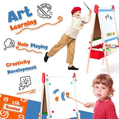 Rundad Kids Easel Including 100+ Accessories, Double Sided Wooden Easel for  Kids - Magnetic Chalkboard & Painting Board & 2 Paper Rolls, Art Easel for