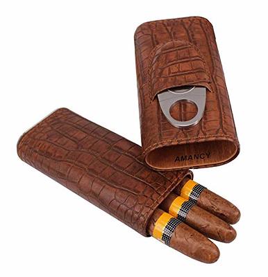 AMANCY Premium 3- Finger Brown Leather Cigar Case, Cedar Wood Lined Cigar  Humidor with Silver Stainless Steel Cutter