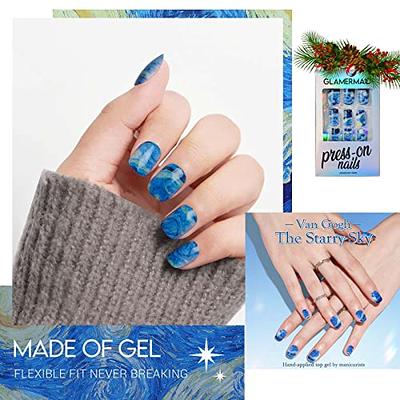 Blue Press on Nails Short, Jofay Fashion Square Fake Nails Reusable Natural  Solid Color False Nails with Glue, Stick on Nails for Women Girls Gift