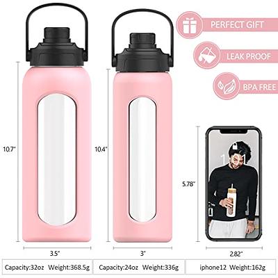 Glass Water Bottles with Straw, 24Oz Water Bottle with 2 Lids
