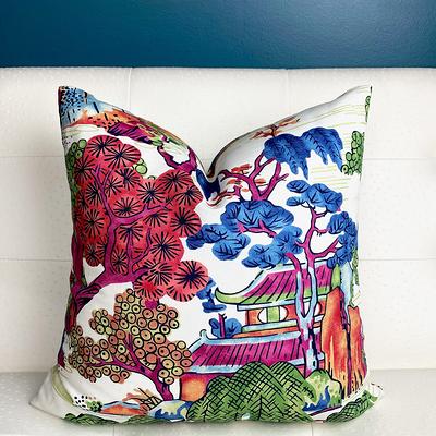 Chinoiserie Asian Scenic Thibaut Throw Pillow in Blue and Green