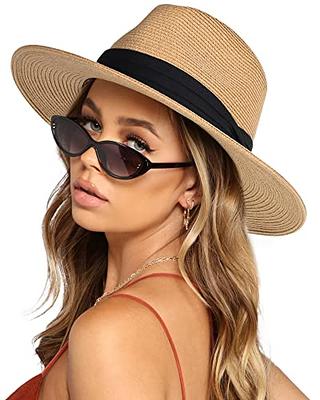 Double Couple Womens Straw Hat Wide Brim Floppy Beach Cap Adjustable Sun  Hat for Women UPF 50+